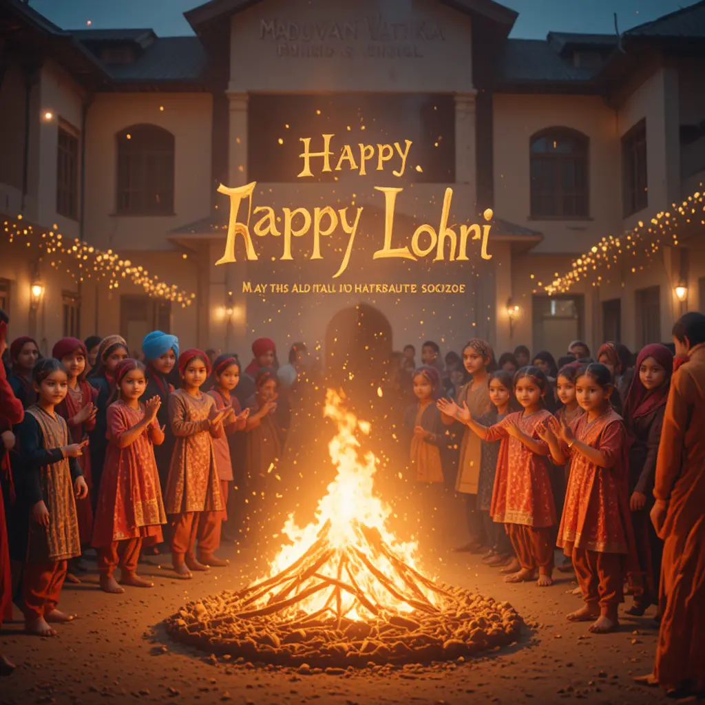 Escolares punjabíes bailando alrededor de una hoguera de Lohri