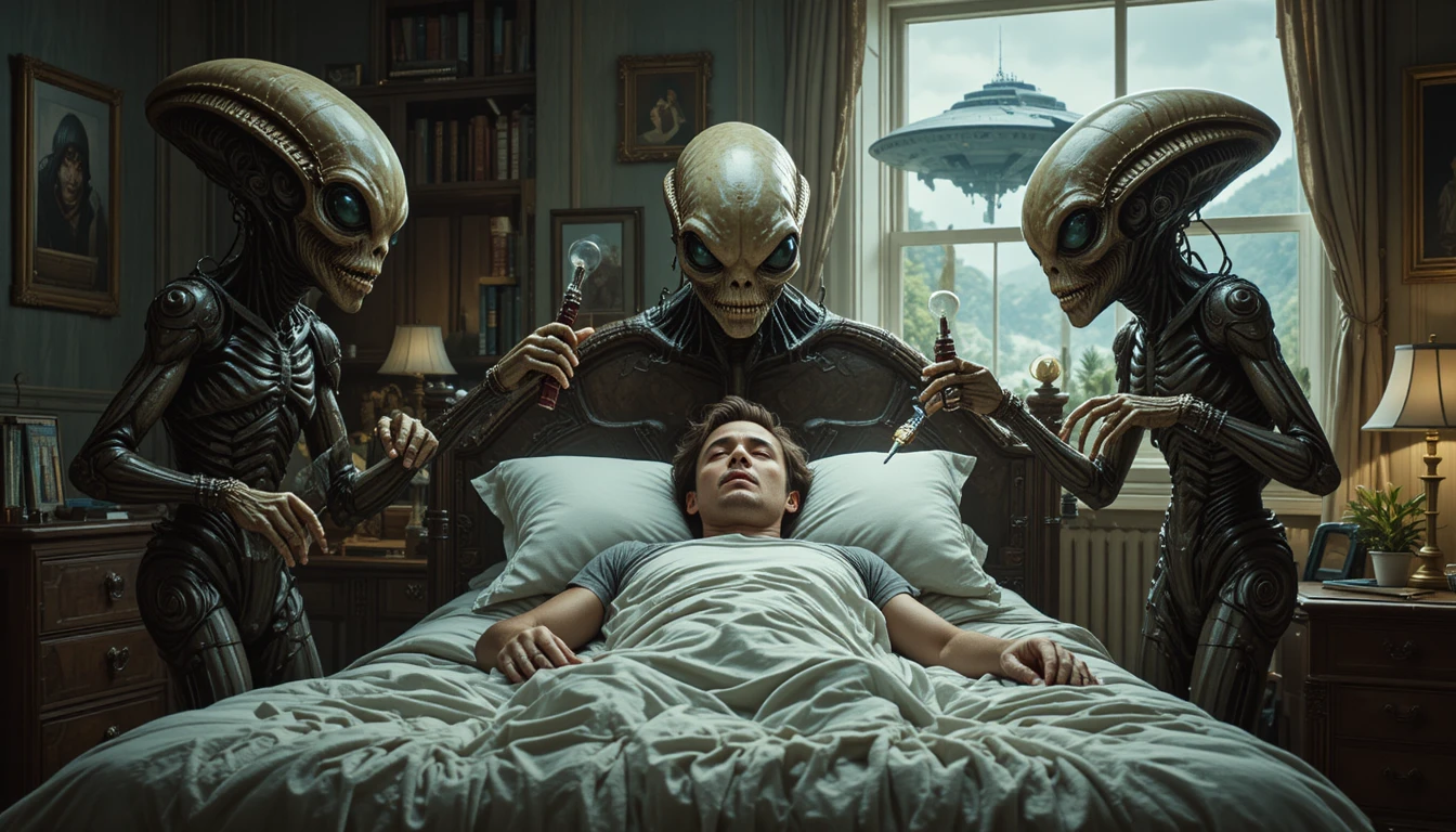宇宙人が寝室で眠る男性を調査している