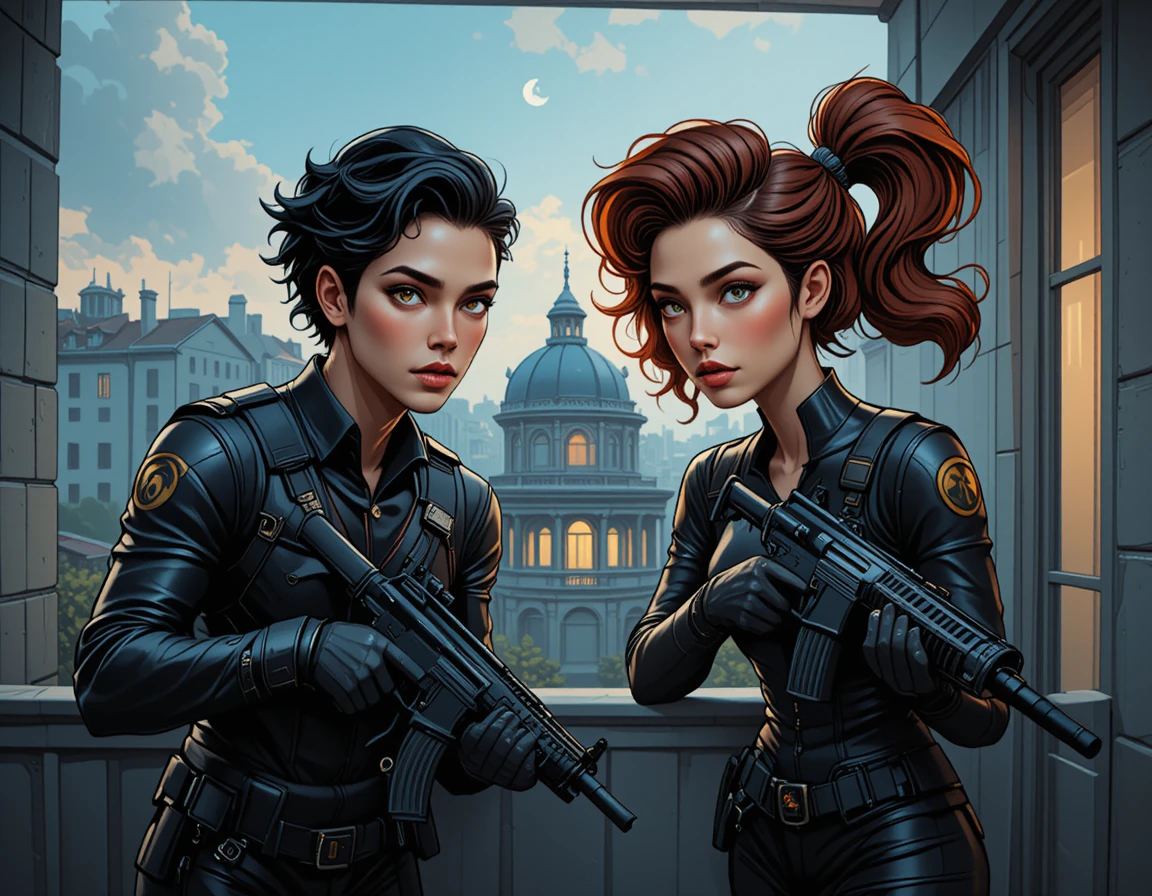Armed man and woman aiming from a balcony at dusk