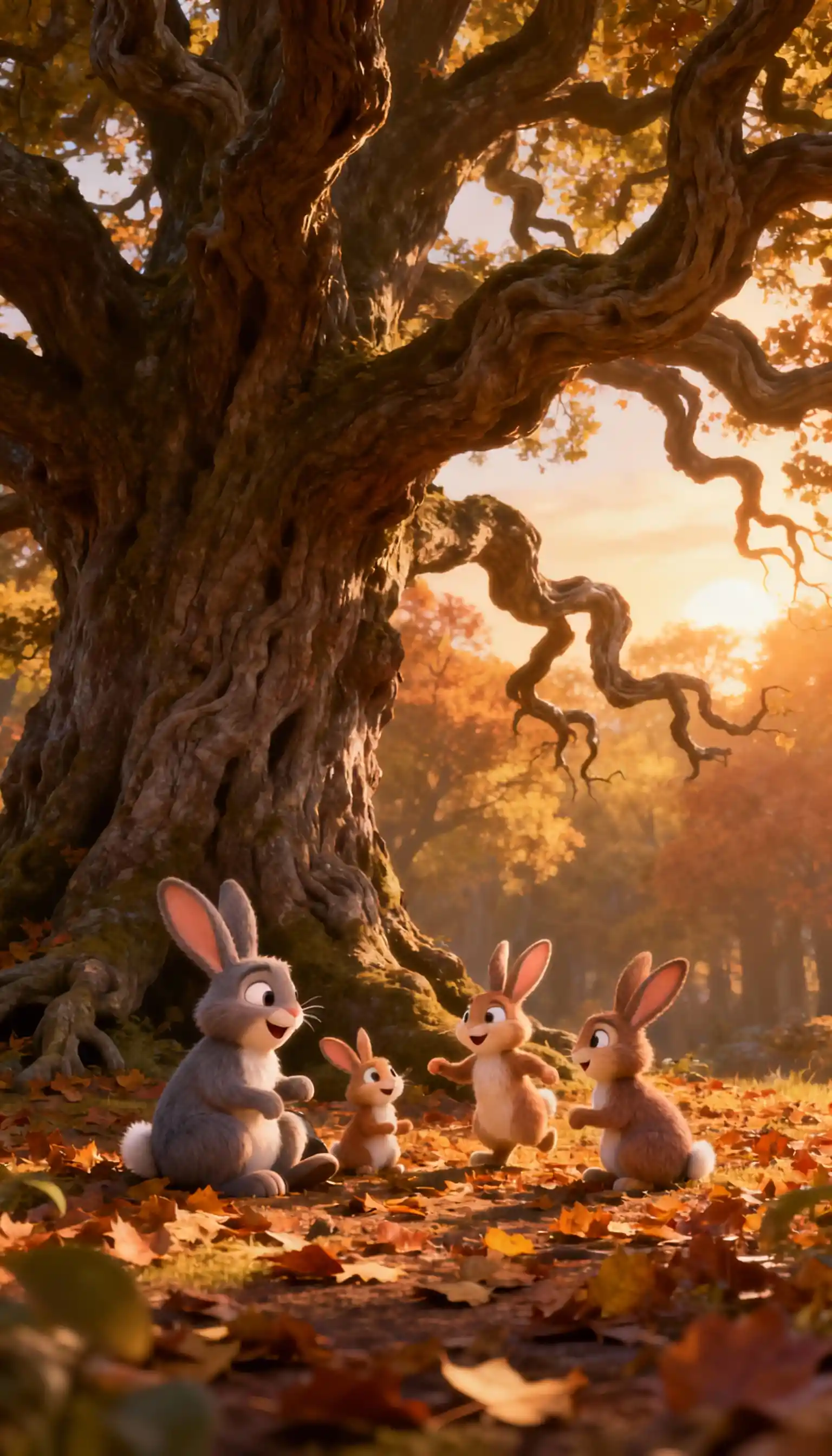 Rabbit family playing under an ancient oak at sunset