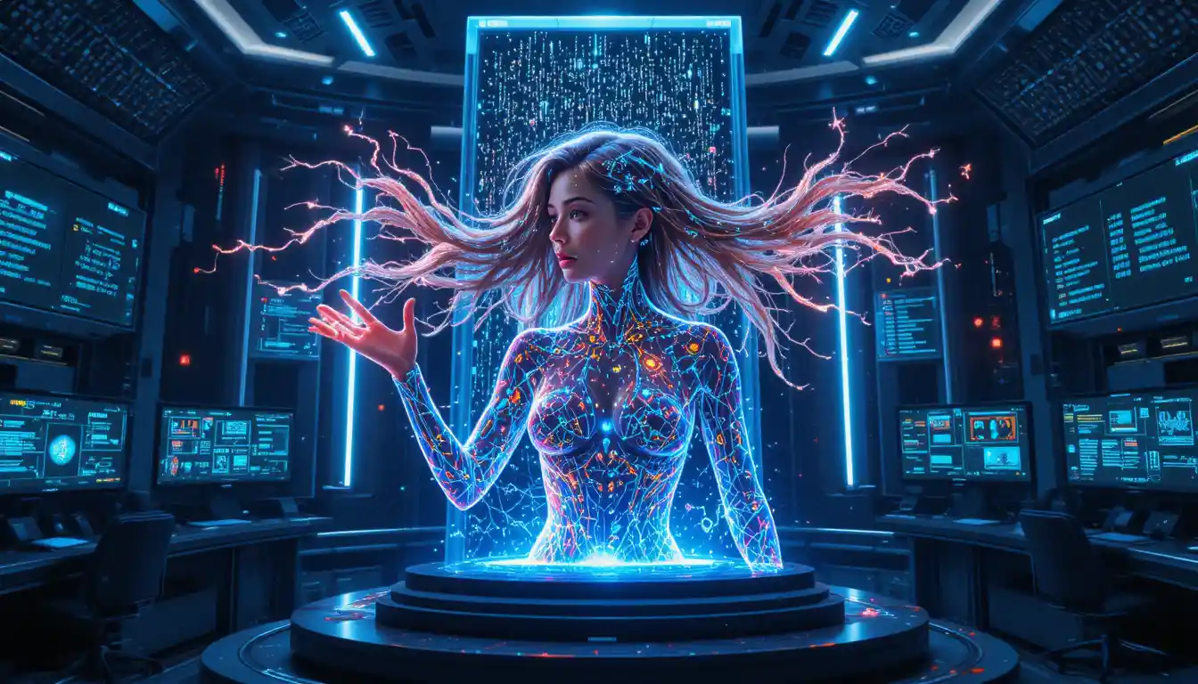 Donna IA olografica multilingue in una sala di controllo futuristica