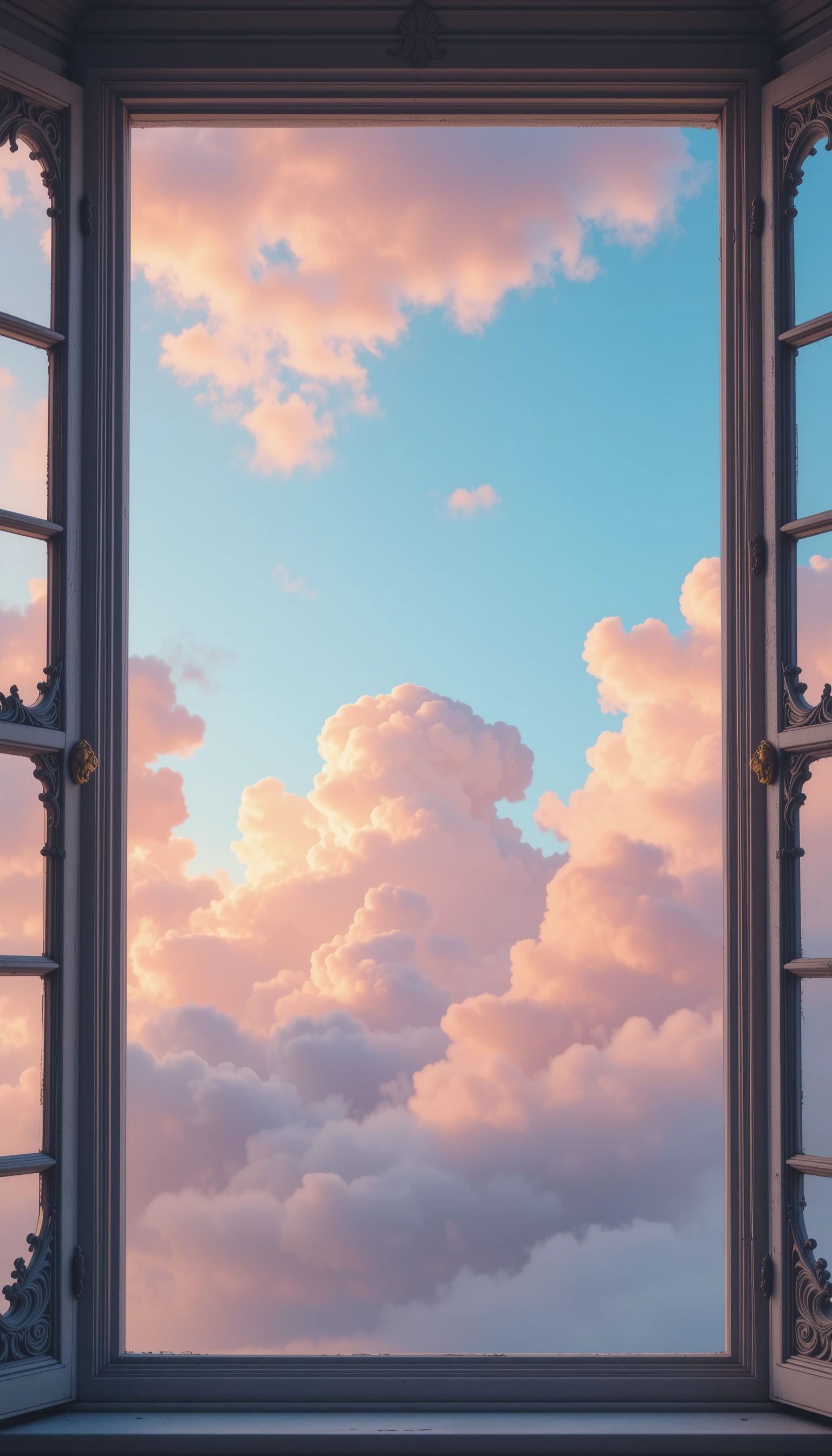 Pastellwolken treiben über einem Rasterhimmel im Fensterblick
