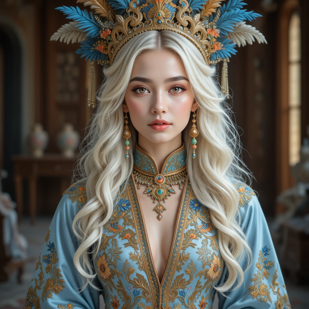 Regal young woman in ornate feathered gold headpiece
