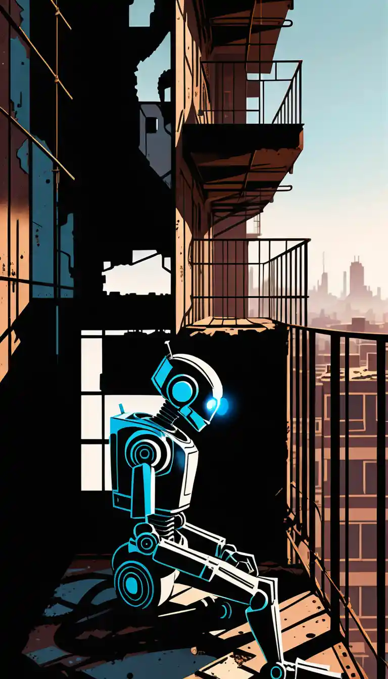 Robot solitaire sur un escalier de secours en ruine au-dessus d’une ville dévastée