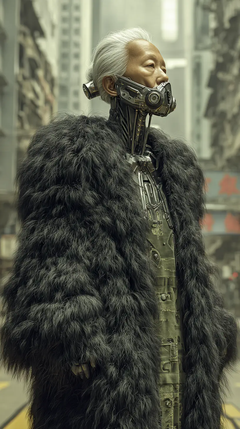 Elderly cyberpunk warlord leading a gang in Hong Kong streets