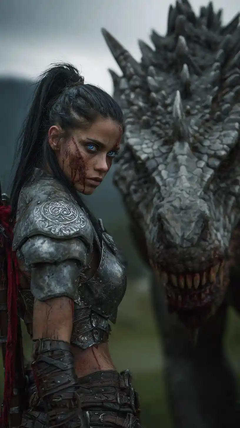Battle hardened female warrior in fiery apocalyptic ruins