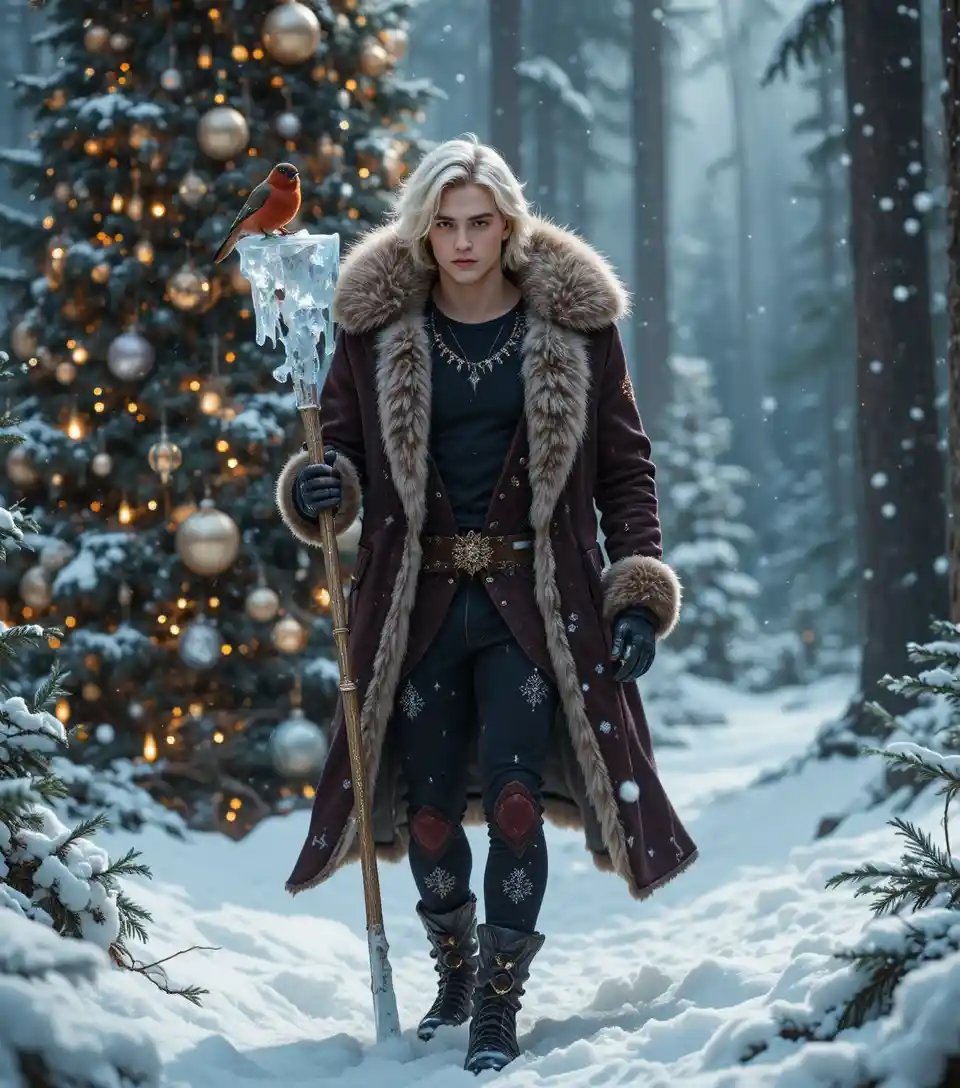 Young ice prince walking by forest christmas tree