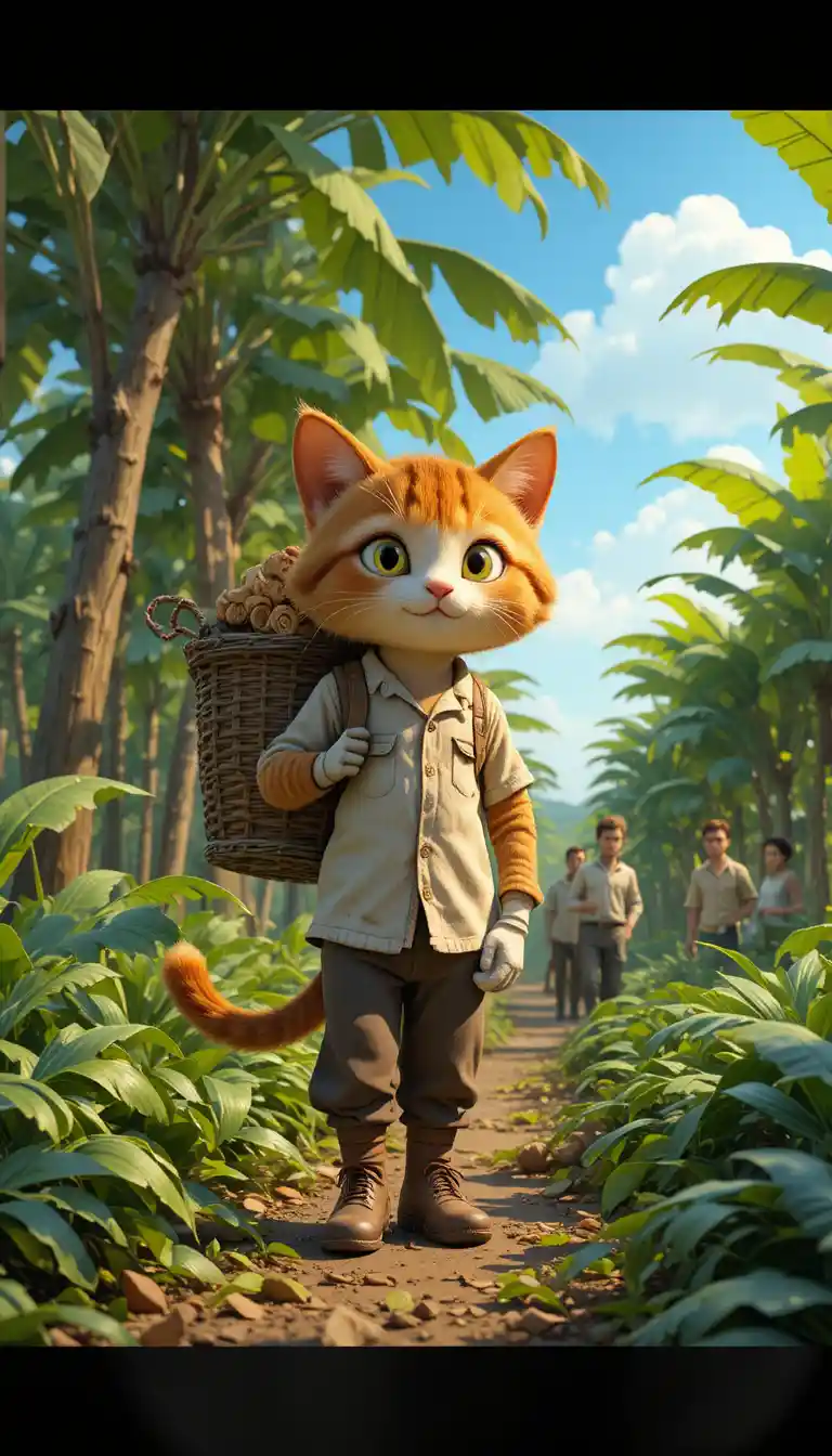 Cute cat worker harvesting rubber in sunny plantation