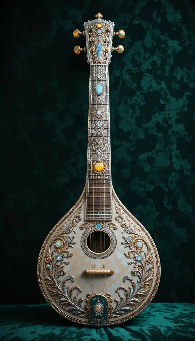 Sitar de prata ornamentado sobre fundo de veludo verde-escuro