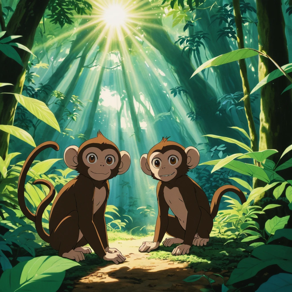 Singes enjoués dans une jungle luxuriante baignée de soleil