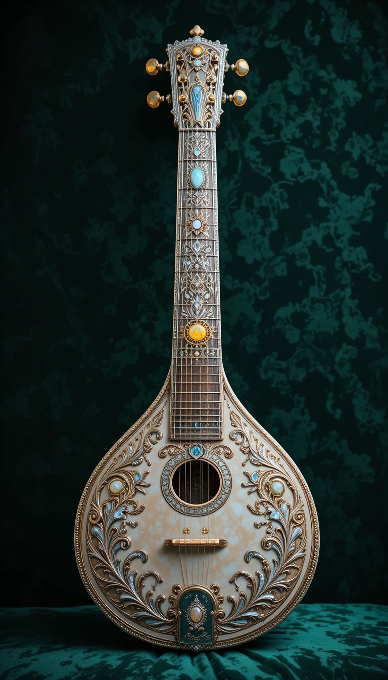 Sitar de prata ornamentado sobre fundo de veludo verde-escuro