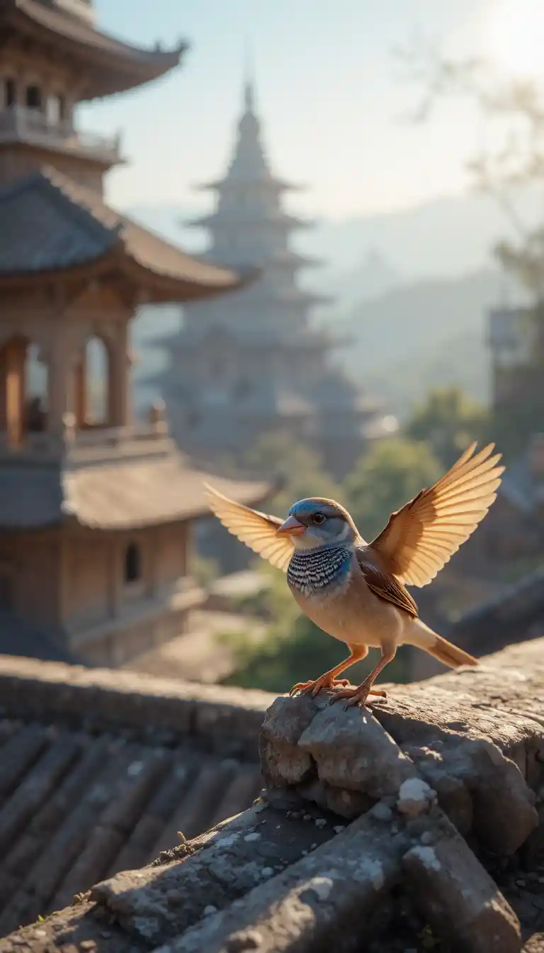 Sparrow On Ancient Temple Roof In Morning Sunlight