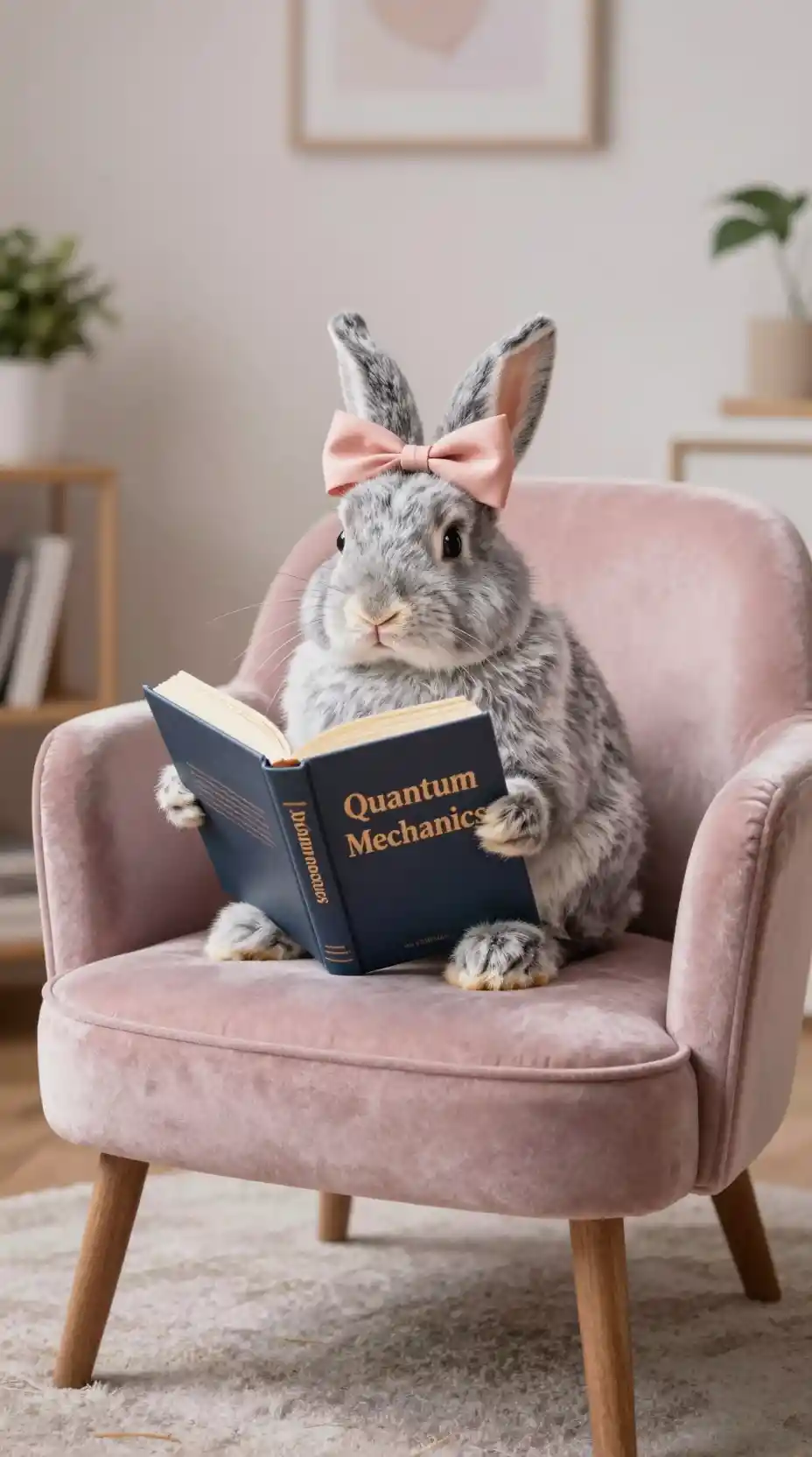 Silver rabbit on velvet chair reading a quantum mechanics book