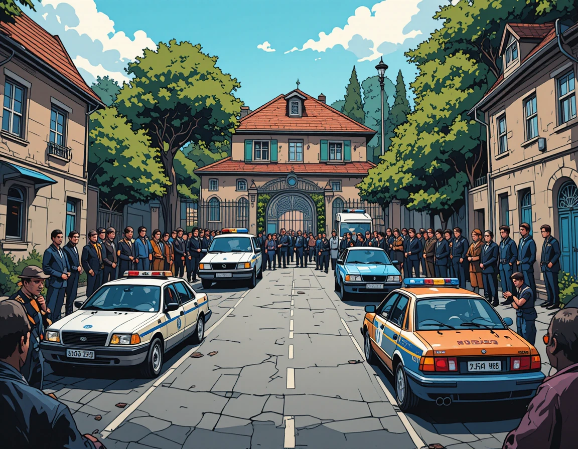 Police vehicles blocking the open gate of a city property