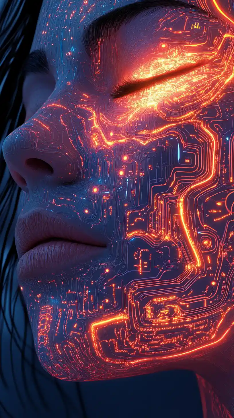 Cybernetic woman portrait with glowing circuitry and light