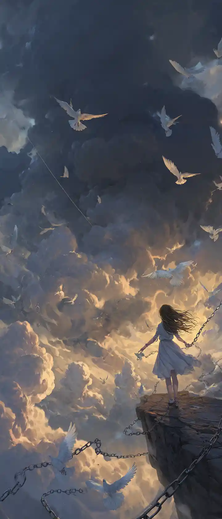 Chica de anime en acantilado tormentoso rompiendo cadenas al amanecer