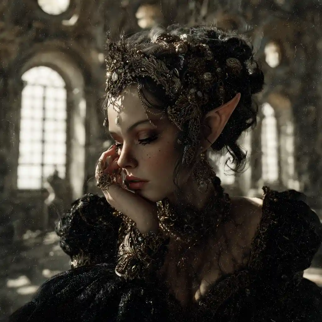 Melancholic elf queen in a decaying gothic ballroom