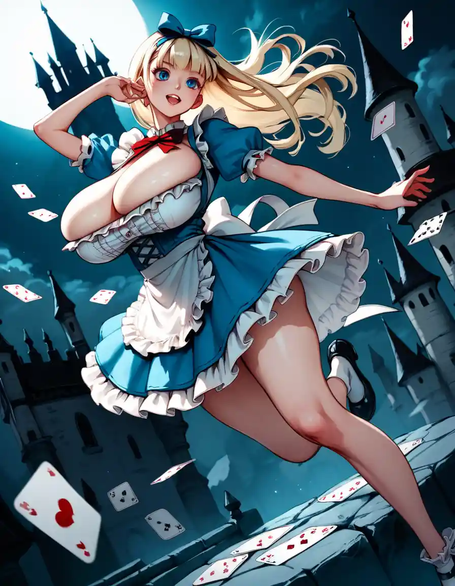 Fantasy girl jumping against a dark night castle sky