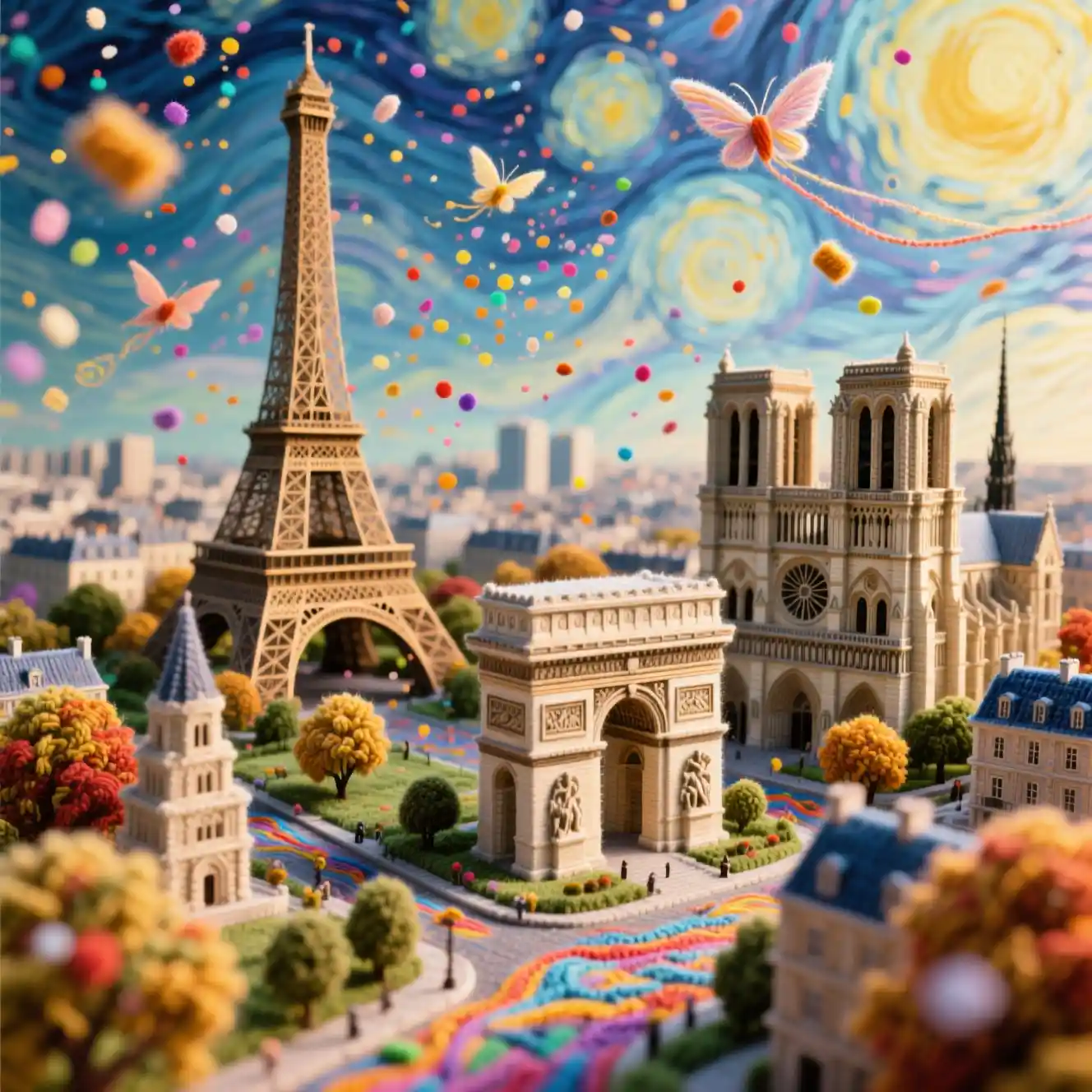 Whimsical woolen Paris cityscape with iconic landmarks