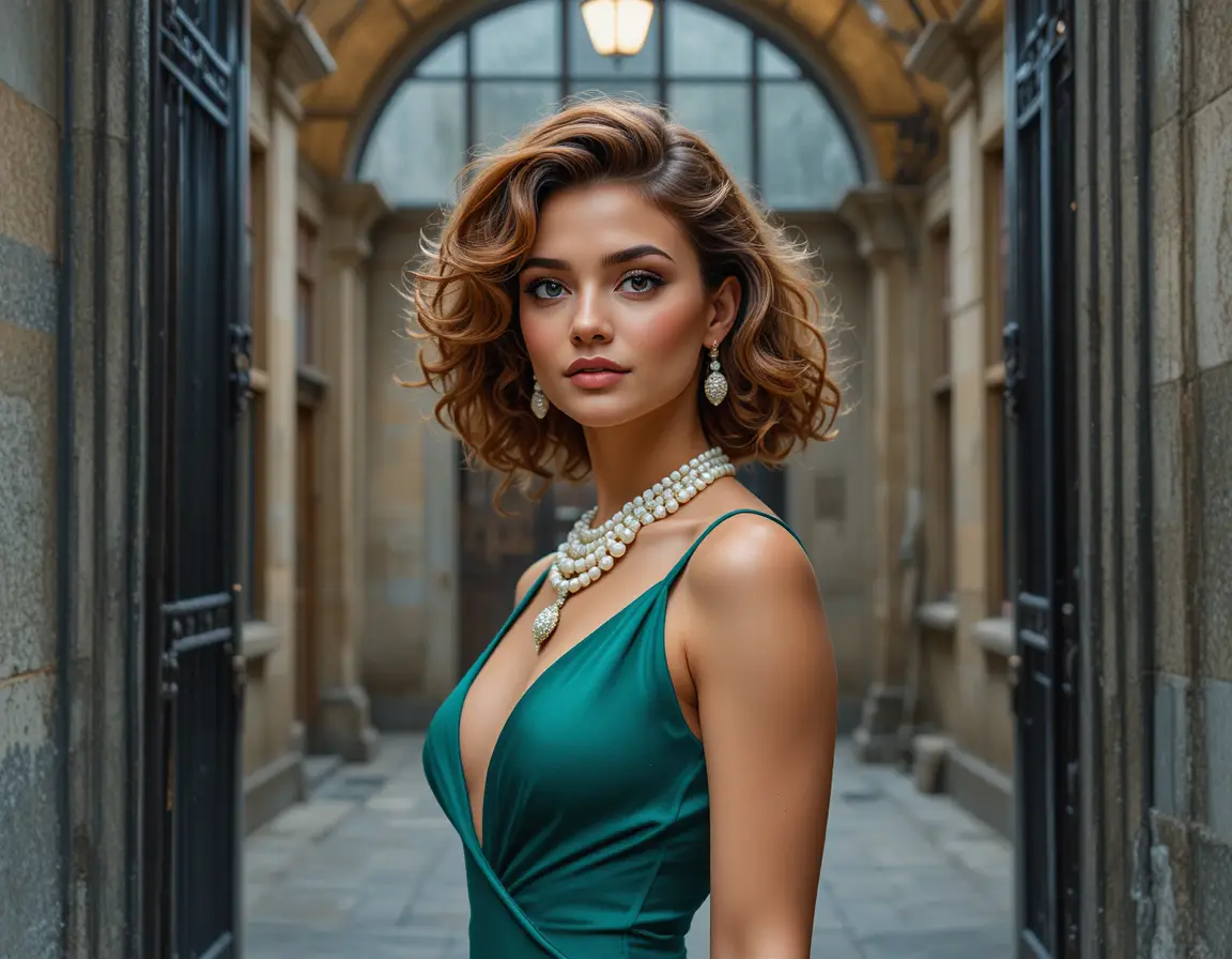 Elegant young woman in emerald dress close up portrait
