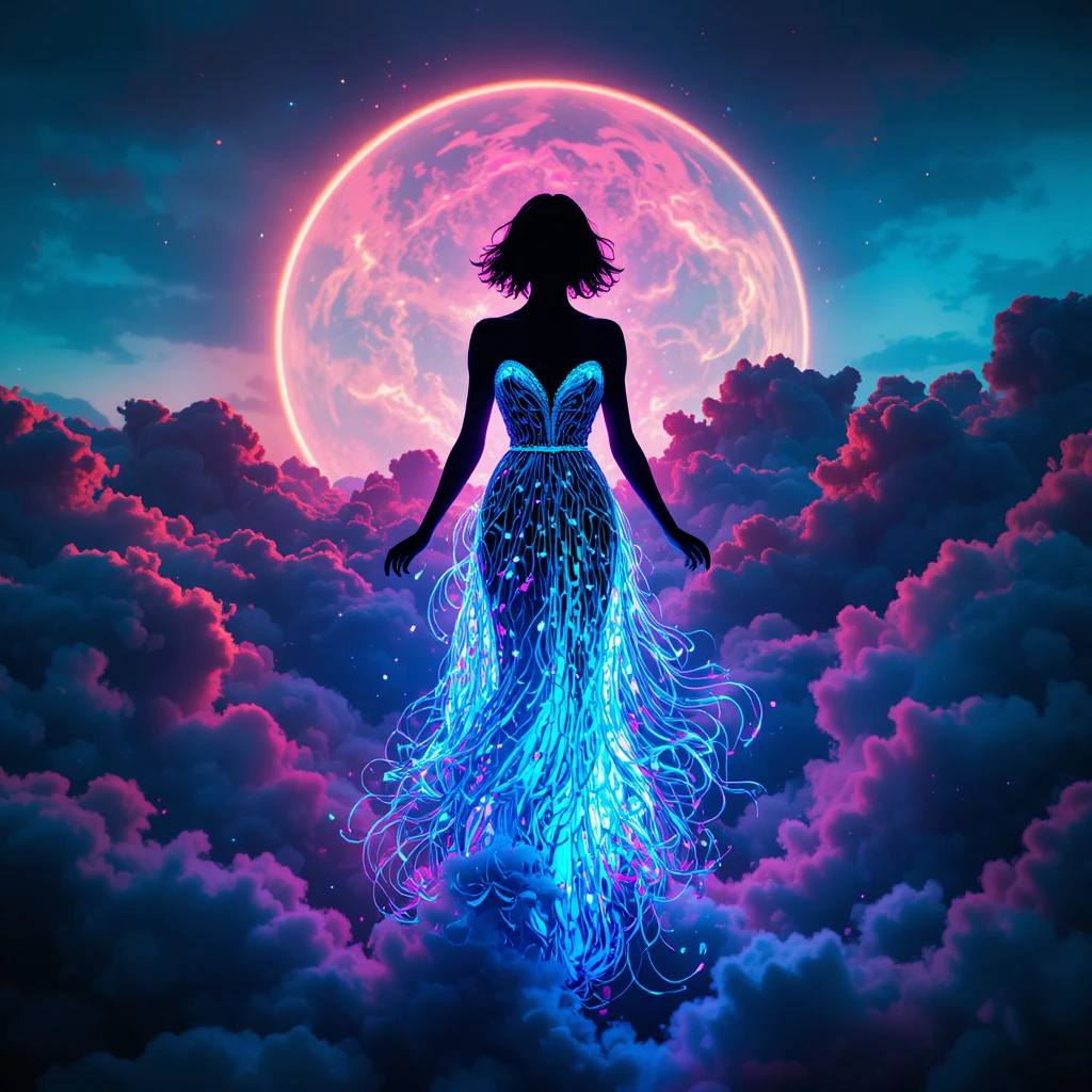 Silueta de mujer con vestido azul neón caminando entre las nubes