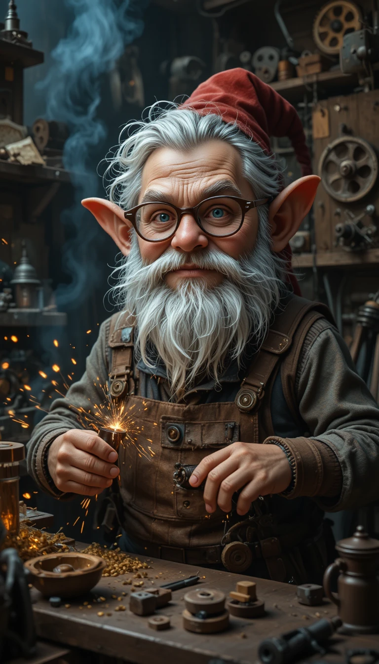 Dwarf tinkerer in spectacles working in a chaotic workshop