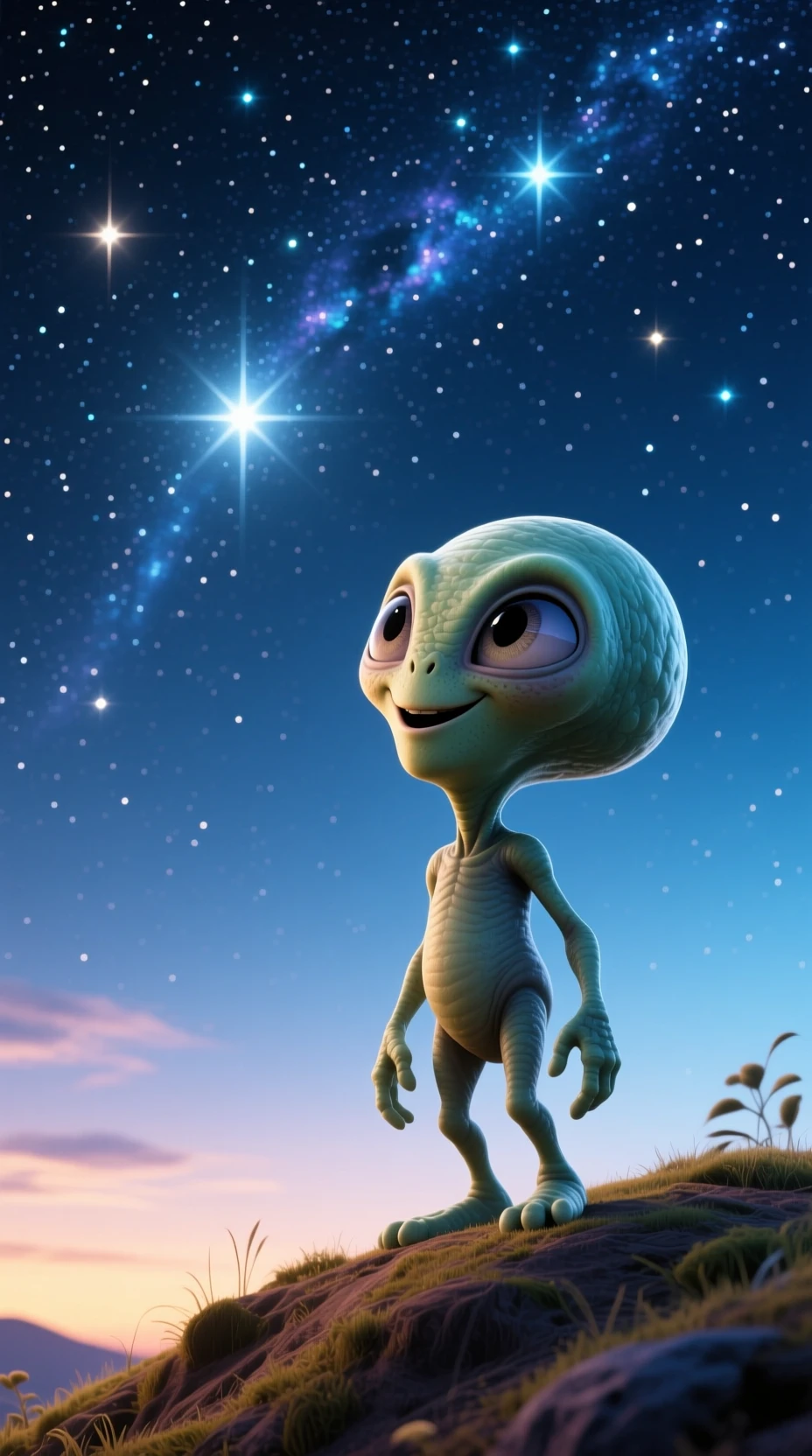 Pequeno alienígena olhando para um distante céu noturno estrelado