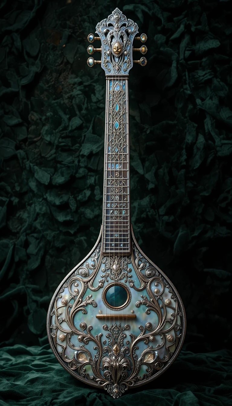 Sitar d’argento decorato su sfondo di velluto verde scuro