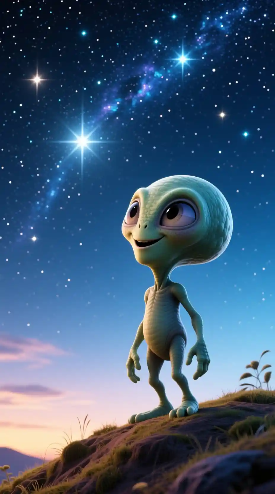 Piccolo alieno che guarda un lontano cielo notturno stellato