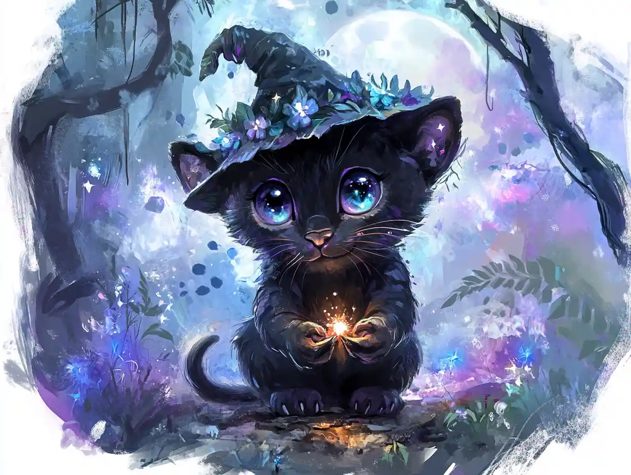 Cute black panther cub wizard in enchanted moonlit forest