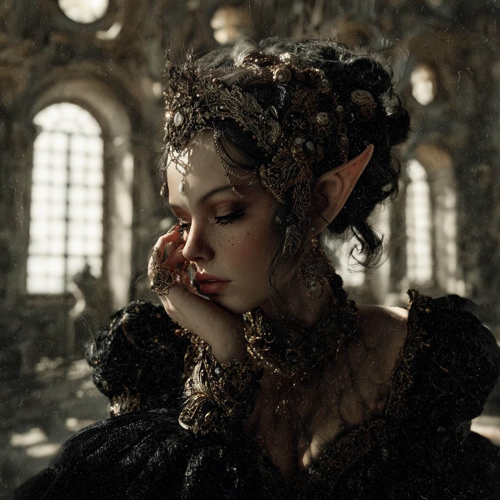 Melancholic elf queen in a decaying gothic ballroom