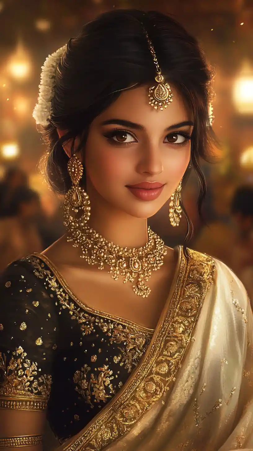 Portrait d’une élégante jeune fille indienne lors d’une soirée festive éclairée aux lanternes