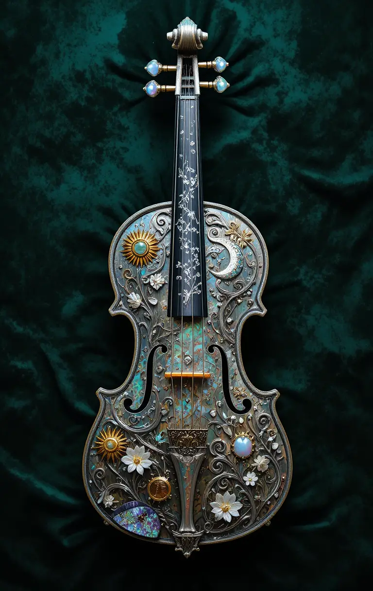 Violino d’argento ornato con motivi celestiali su velluto
