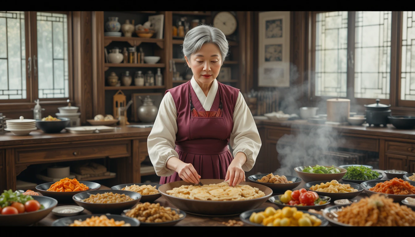 Elderly Korean woman arranging dishes in a traditional kitchen