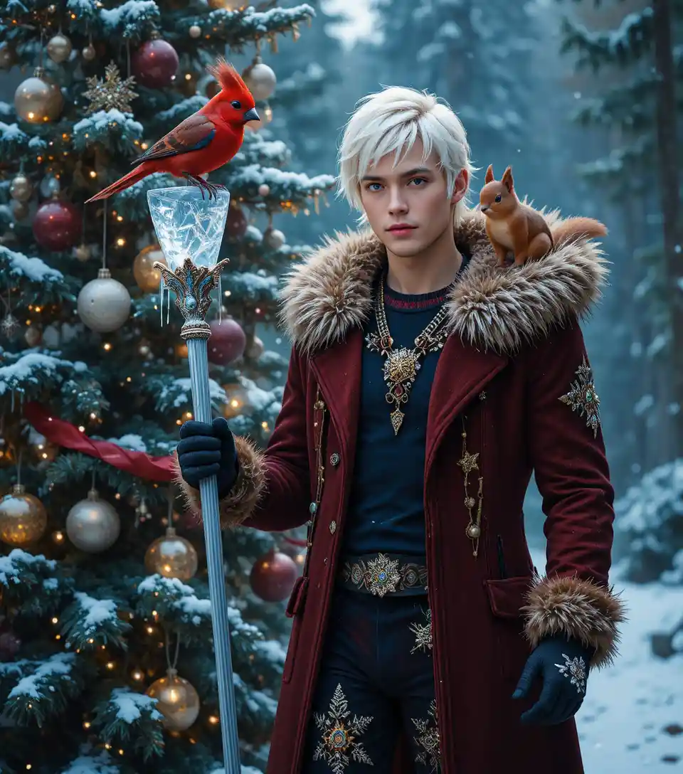 Prince de glace blond marchant près d’un sapin de Noël lumineux