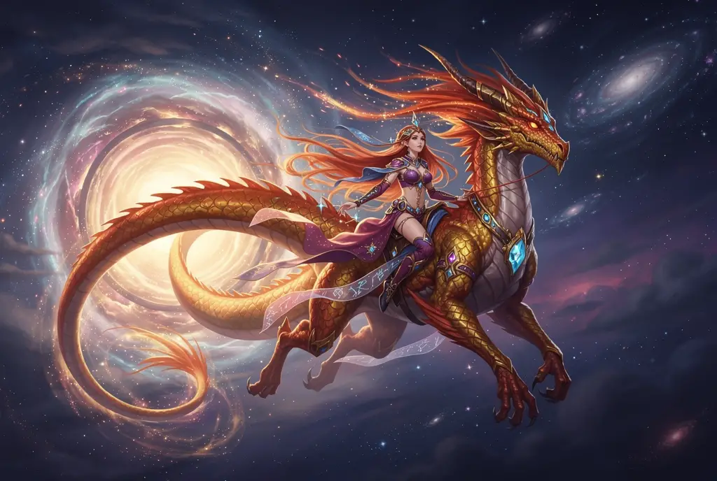 翱翔於宇宙天空的天界巨龍與女術士