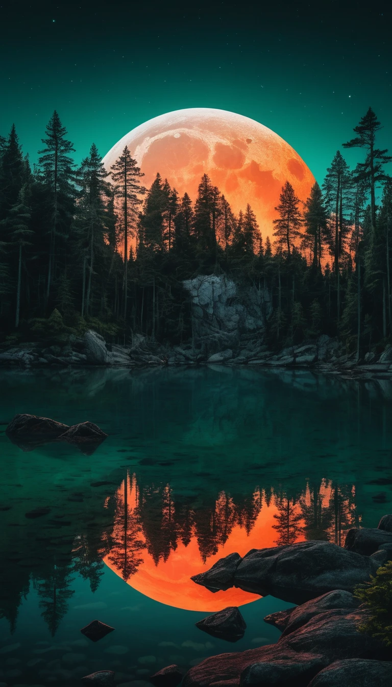 Surreal moonlit island reflected on a still neon lake