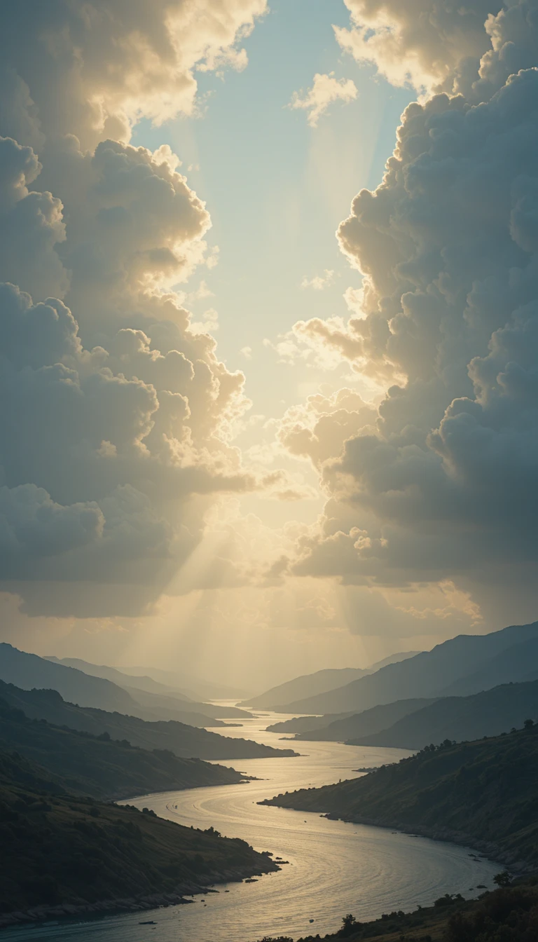 Cinematic sky opening above a calm river landscape