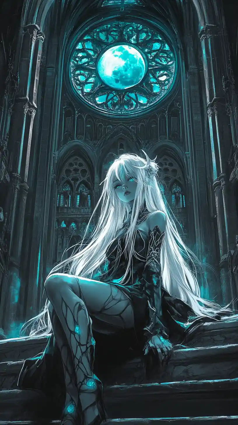 Moonlit girl on steps of towering gothic cathedral