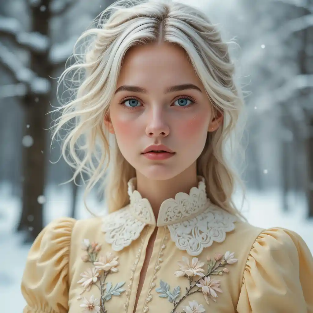 Blauäugiges Mädchen im gelben Kleid im fallenden Winterschnee