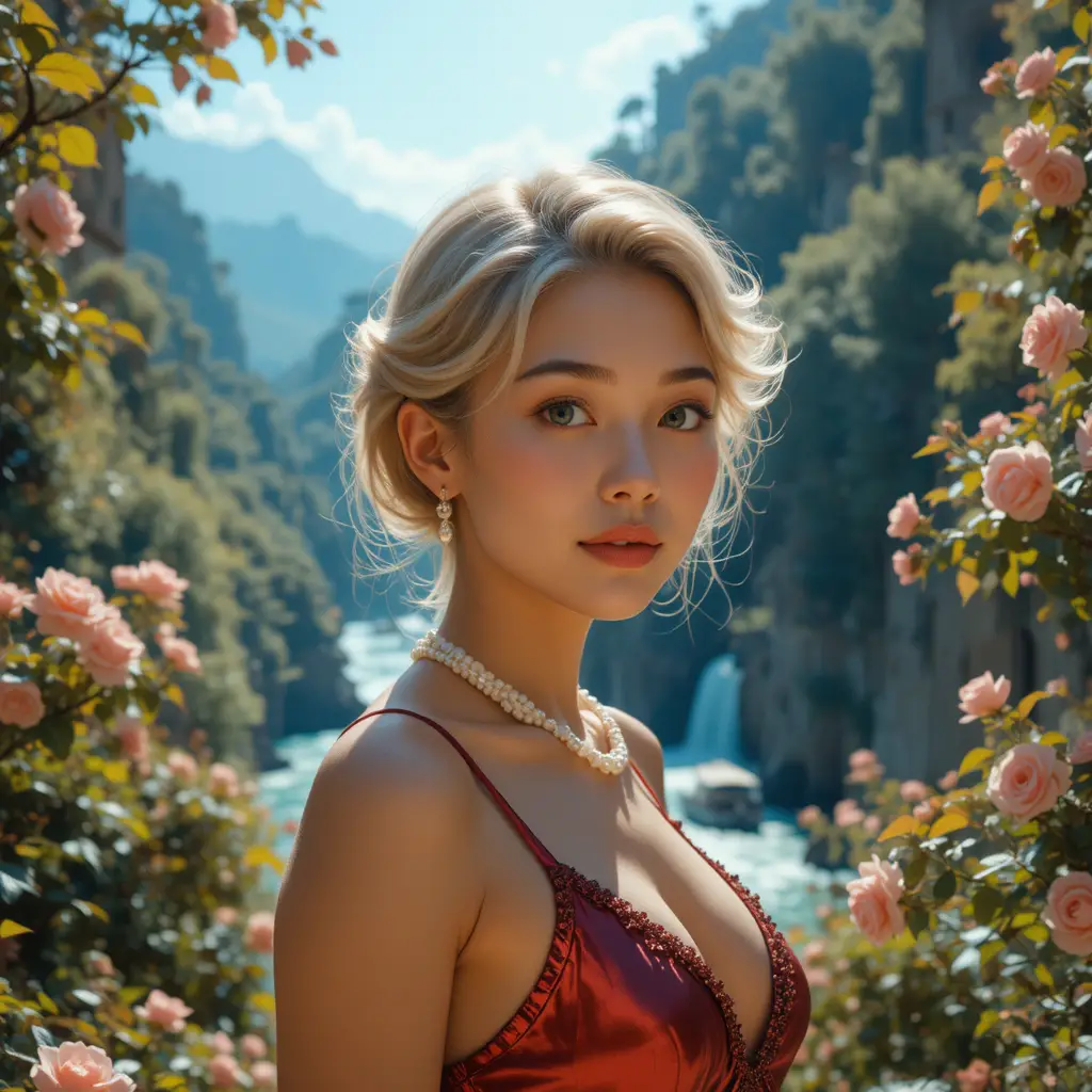 Young woman in red dress in a soft romantic portrait