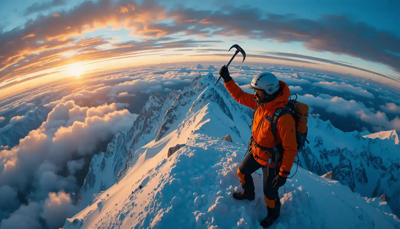Mountaineer Raising Ice Axe On Everest Summit At Sunrise
