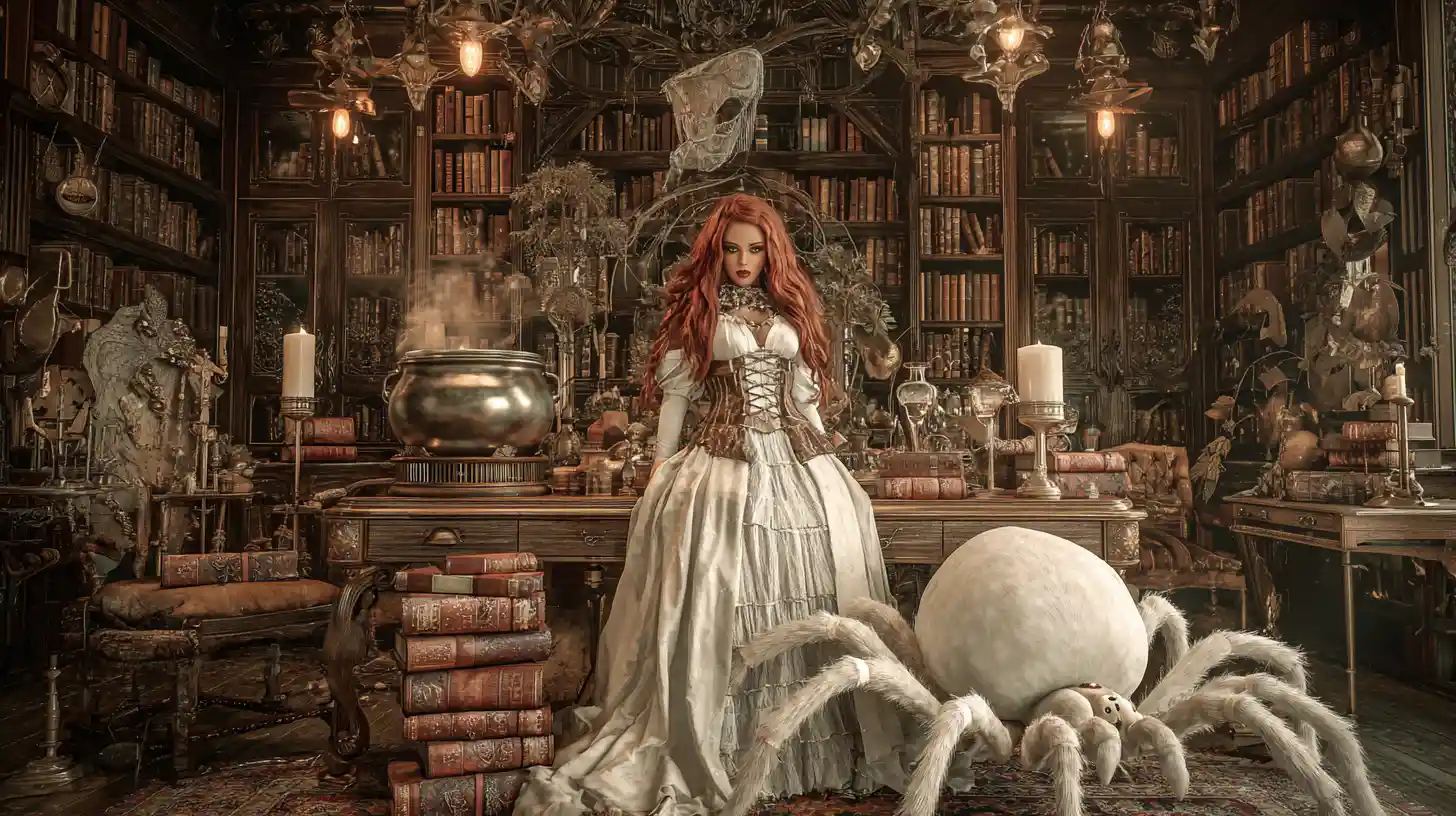 Red haired steampunk witch in a white gown