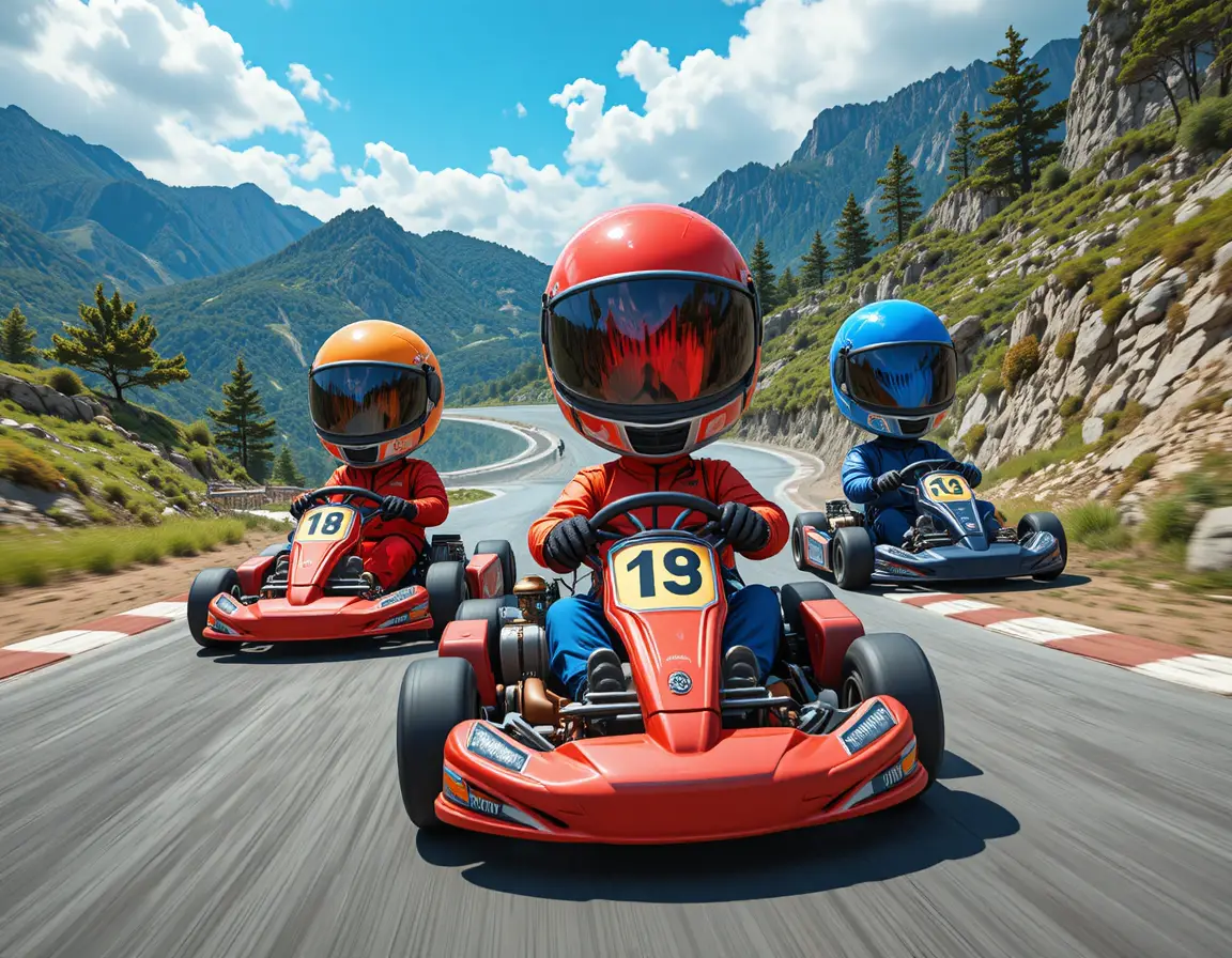 Trois amis faisant du drift en kart sur une route de montagne ensoleillée