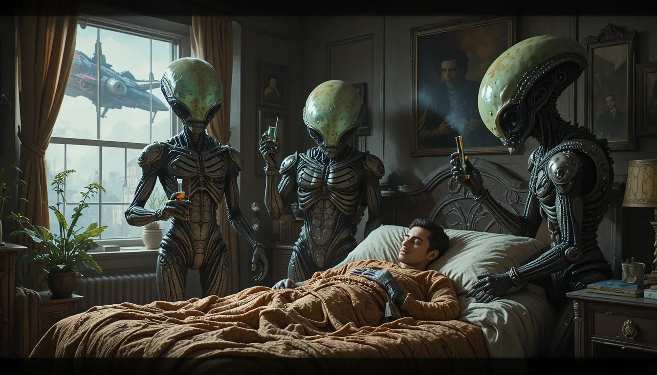 Aliens Studying A Sleeping Man In His Bedroom At Night
