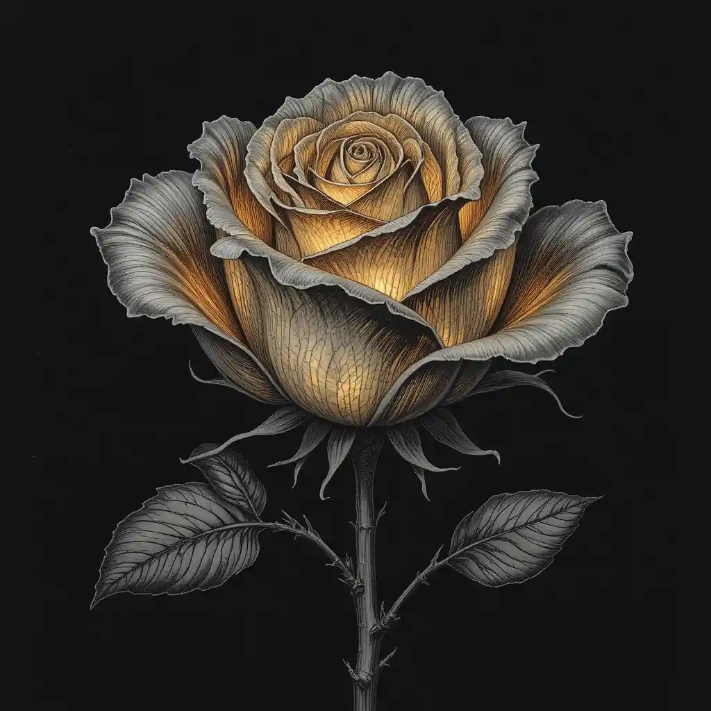 Rosa incisa che brilla in una calda luce dorata di candela