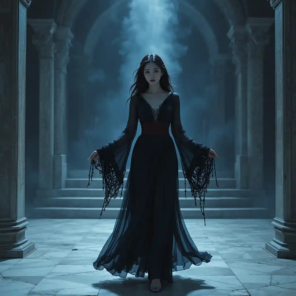 Donna coreana occulta in un fluente abito lungo di chiffon nero
