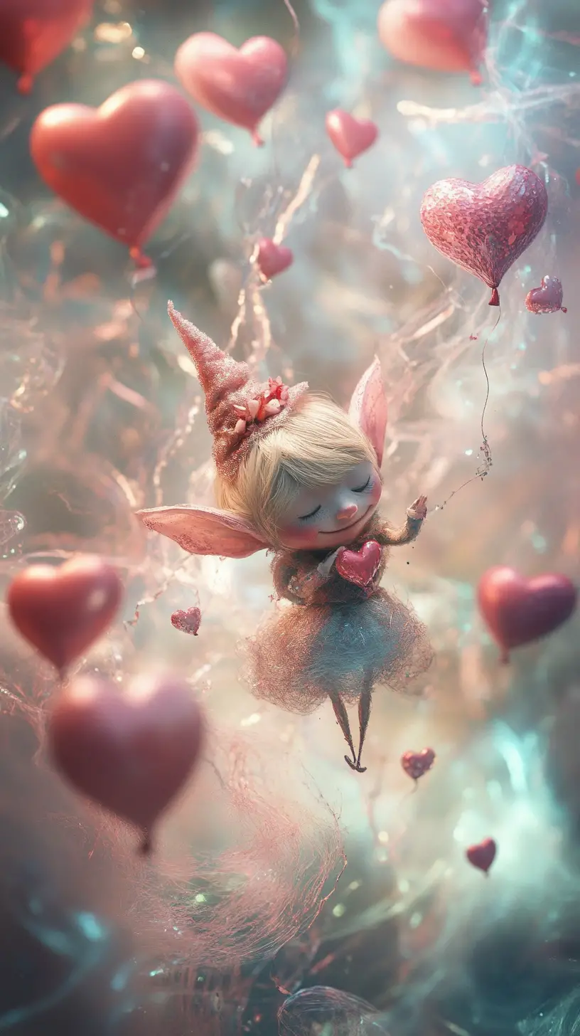 Whimsical valentine elf in a surreal dreamlike landscape