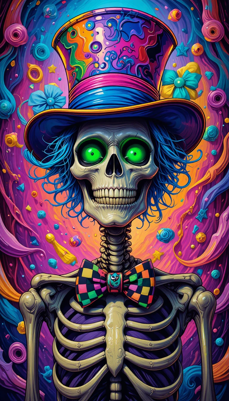 Calavera colorida con sombrero de copa y fondo de fiesta en espiral