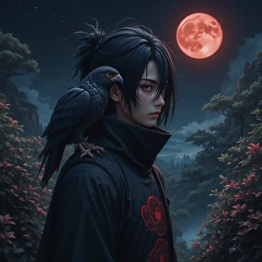 夜の赤い月とカラスを従えた黒衣の男
